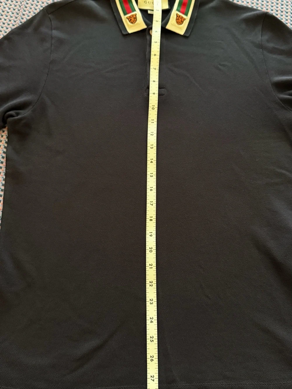 Gucci Black Polo with Green-Red Striped Collar and Embroidered Crests